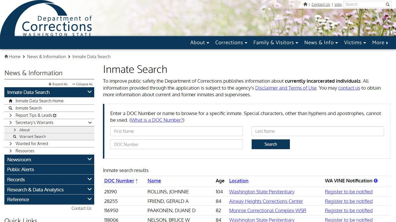 Inmate Search - Washington State Department of Corrections